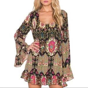 Show Me your Mumu Margot black patterned bell sleeve boho mini dress size small
